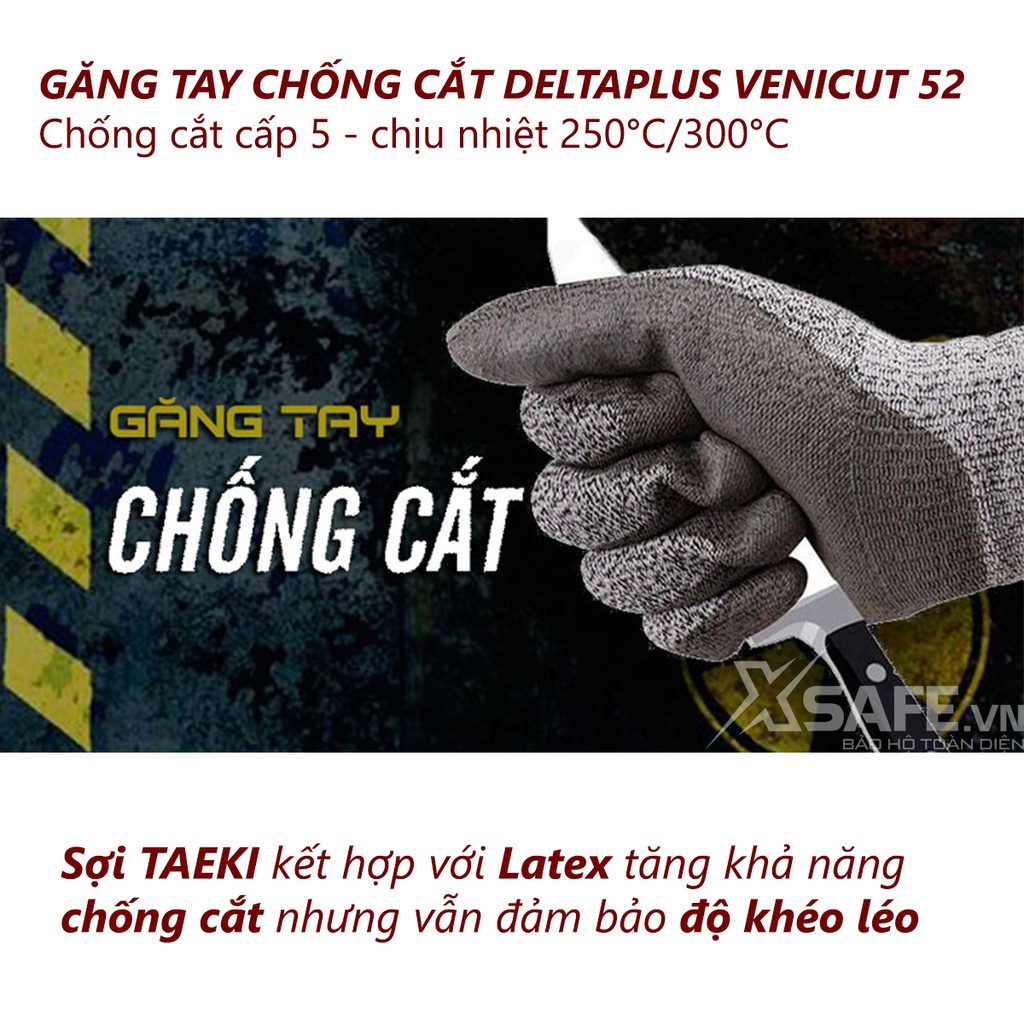 Găng tay chống cắt Deltaplus Venicut52 cấp độ 5 chịu nhiệt 250 độ C độ khéo léo cao phủ nitril chống dầu nhớt cơ khí,...