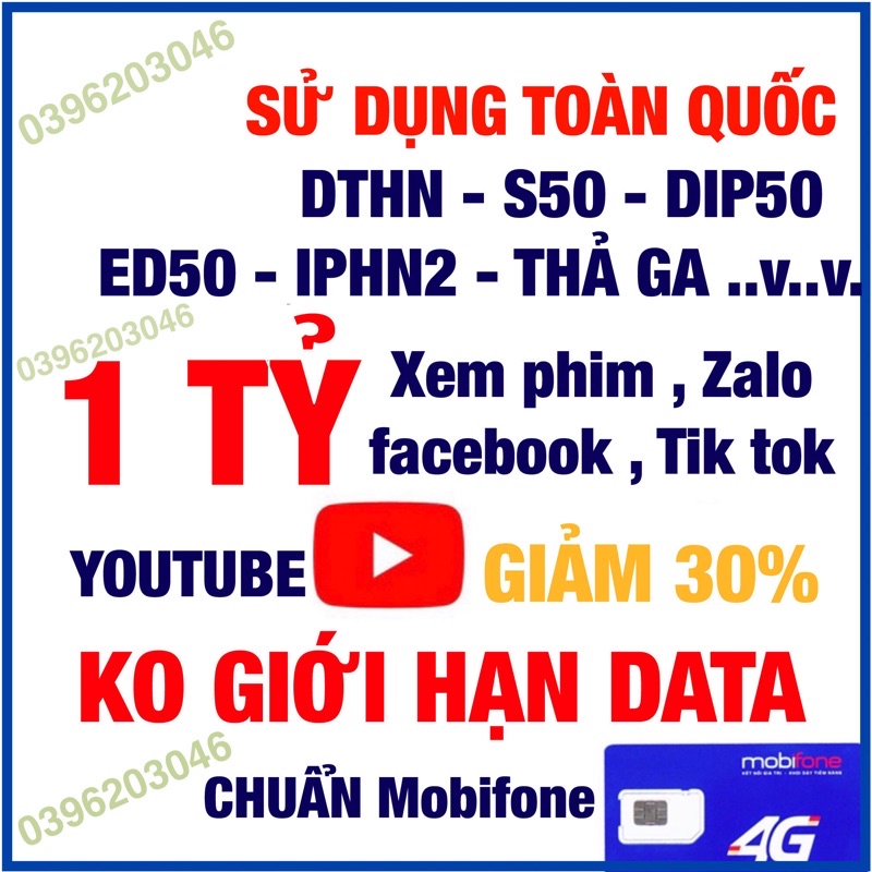 Sim KO GIỚI HẠN DATA Mobifone S50 , DIP50 , Y60 , BL5GT , DTHN , IPHN2