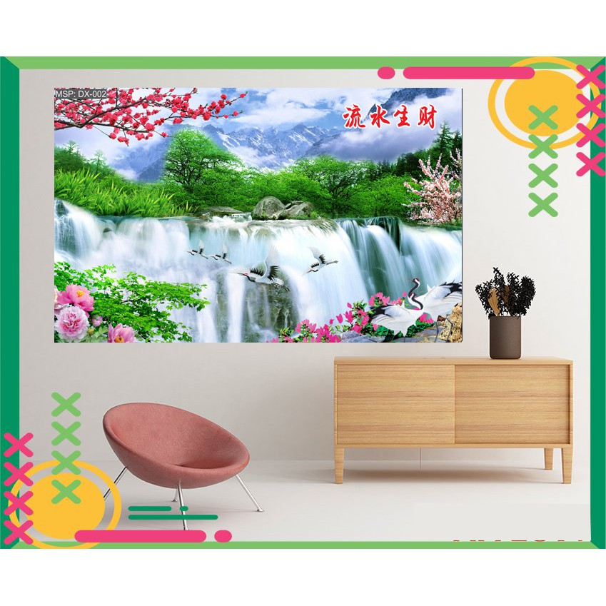 Tranh Trang Trí ,Phong Cảnh Thác Nước Sống Động , Chất Liệu PP Nhựa Có Sẵn keo Mặt Sau Lột Ra Là Dán