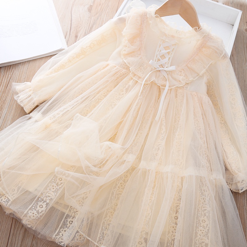 Đầm công chúa tay dài phối ren hoa đính nơ phong cách vintage thời trang năm mới cho bé gái