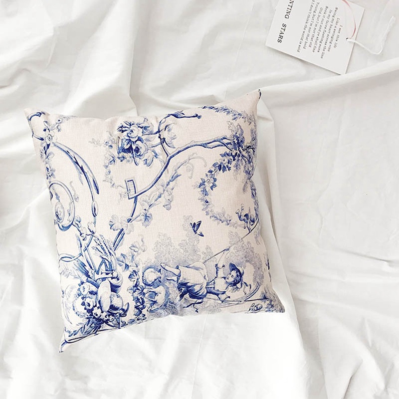 Vỏ Gối Cotton Lanh In Họa Tiết Hoa Trắng Và Xanh Dương Phong Cách Trung Hoa Trang Trí Ghế Sofa