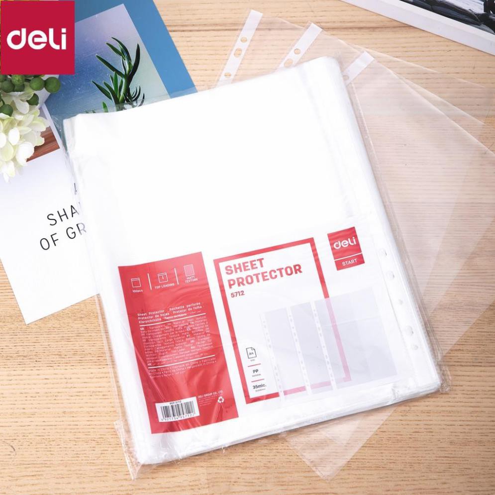 Tấm bảo vệ 11 lỗ A4 Deli, 0.035mm, trong suốt - 100 cái/túi - E5712 [Deli]