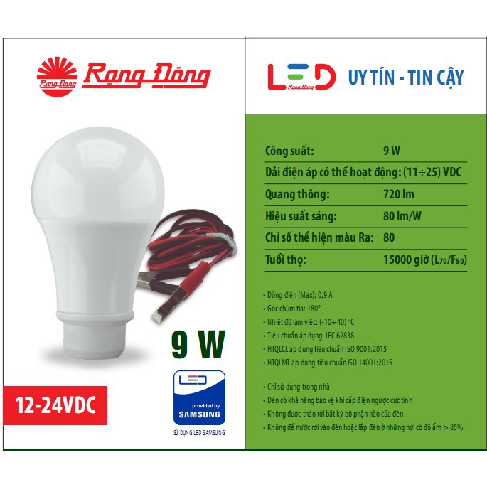 Bóng Đèn LED Rạng Đông Kẹp Bình Ắc Quy 12V - 24V DC 7W / 9W / 12W, ChipLED Samsung | BigBuy360 - bigbuy360.vn