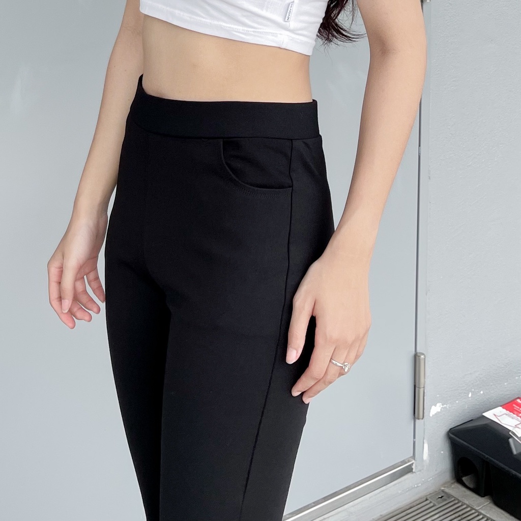 Quần ống loe nữ 9 tấc cạp cao có túi chất vải Umi Hàn co giãn quần legging ống loe nữ lưng cao cạp thun tôn dáng