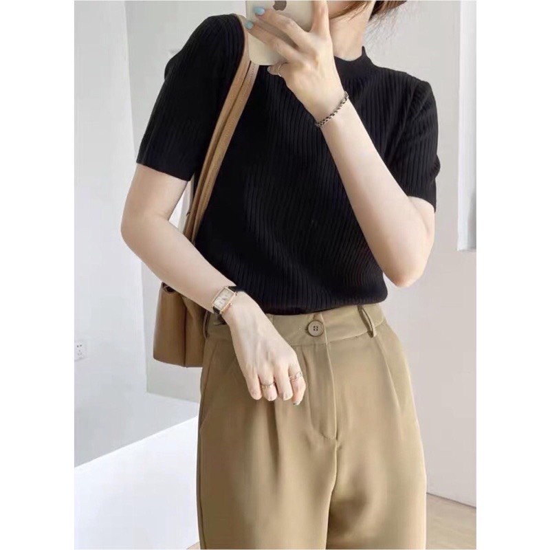 Áo len tăm trơn cộc tay, Áo len nữ cổ tròn basic, Áo len đũa ulzzang Junnie Closet