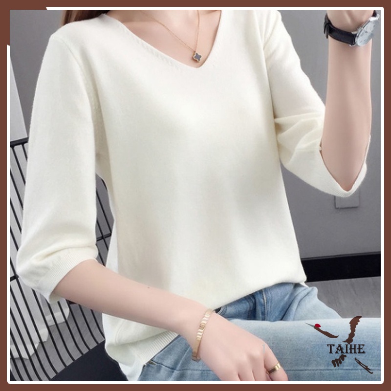 Áo Sweater dệt kim cổ chữ V dáng rộng màu sắc thời trang mùa hè cho nữ
