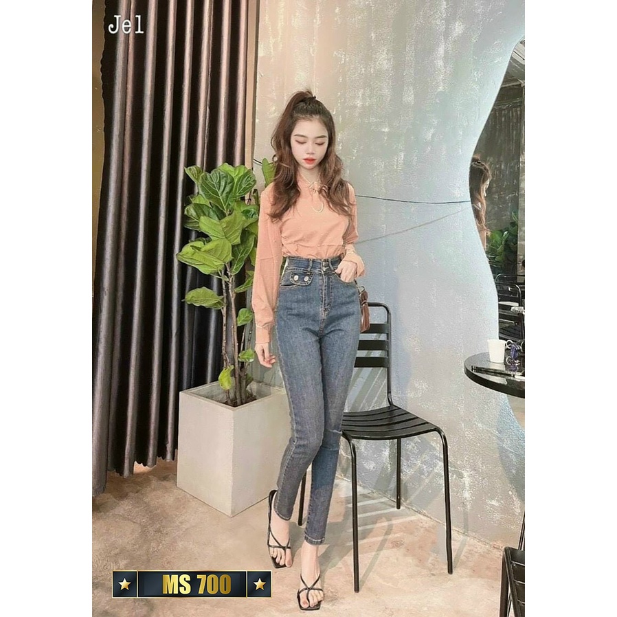 Quần jean nữ cao cấp lưng cao, màu xanh trơn mới co dãn nhẹ vải mềm thấm hút tốt thoải mái khi mặc-Black Fashon-qn