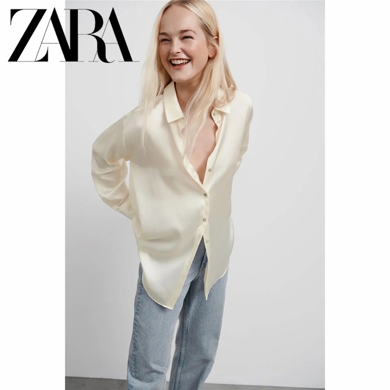 Zara Áo Sơ Mi Vải Lụa Satin Màu Trơn Thiết Kế Thanh Lịch Cho Nữ