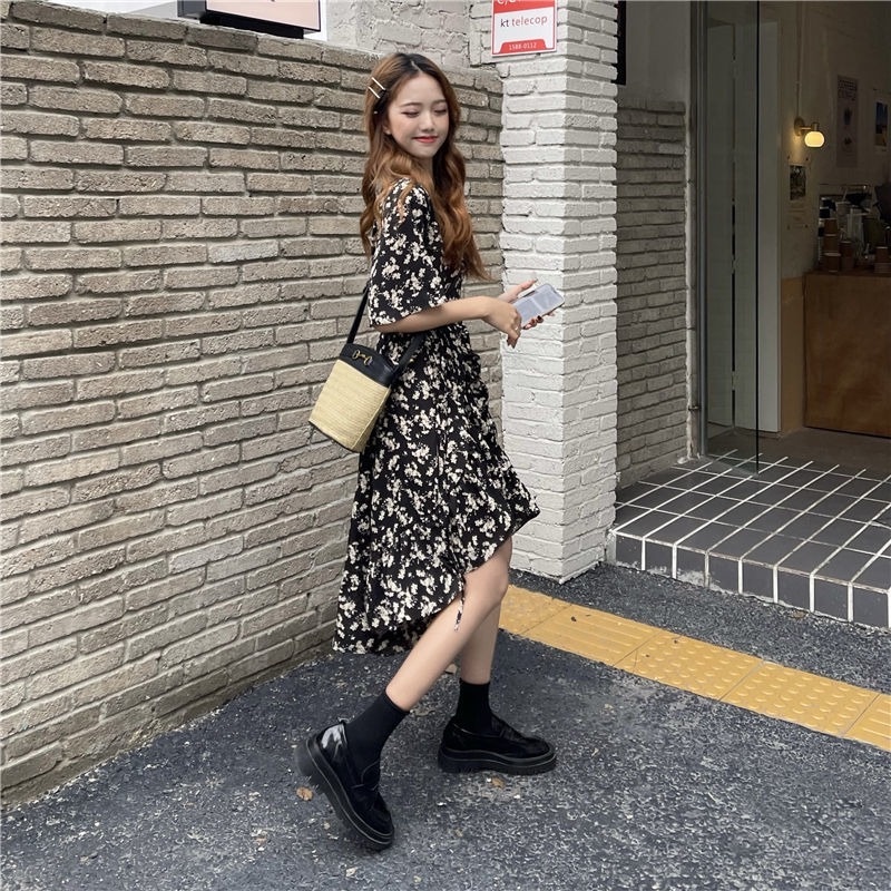 Đầm Lửng Tay Ngắn In Họa Tiết Hoa Thời Trang Mùa Hè Dành Cho Nữ