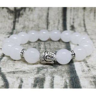 Vòng tay đá mã não trắng 10 ly mix charm phật bạc
