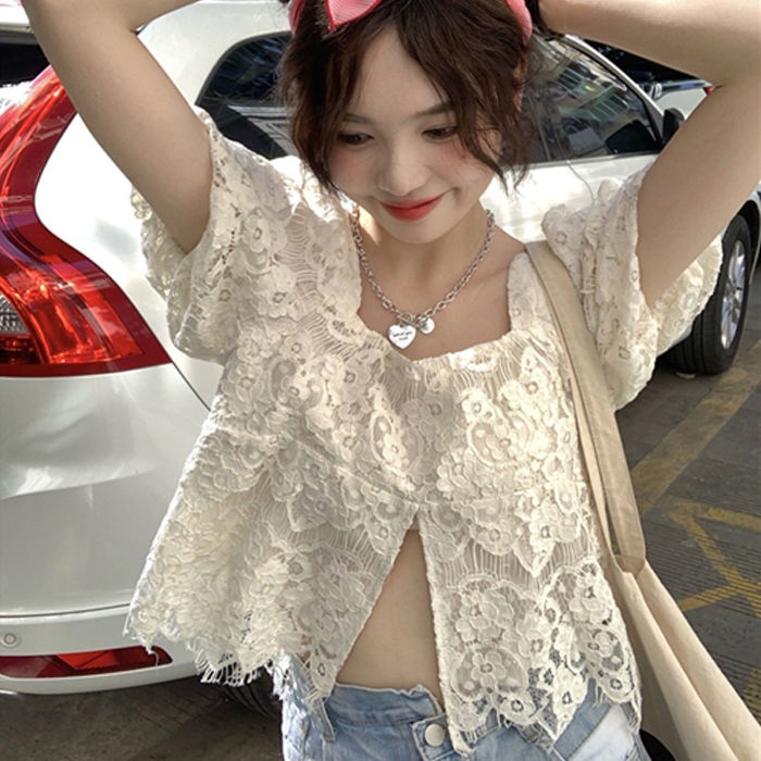 Korea Women's lace short-sleeved shirt summer thin women's shirt