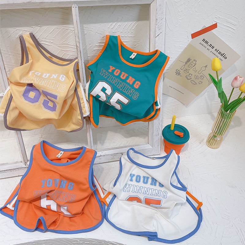 Set Đồ Thể Thao Gồm Áo Ba Lỗ In Họa Tiết Kỹ Thuật Số + Quần Ngắn Phong Cách Hàn Quốc Mới Cho Bé