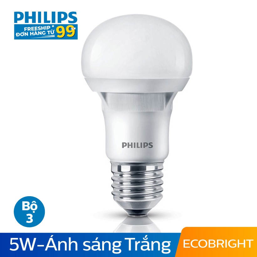 Bộ 3 Bóng đèn Philips LED Ecobright 5W 6500K E27 A60 - Ánh sáng trắng | BigBuy360 - bigbuy360.vn