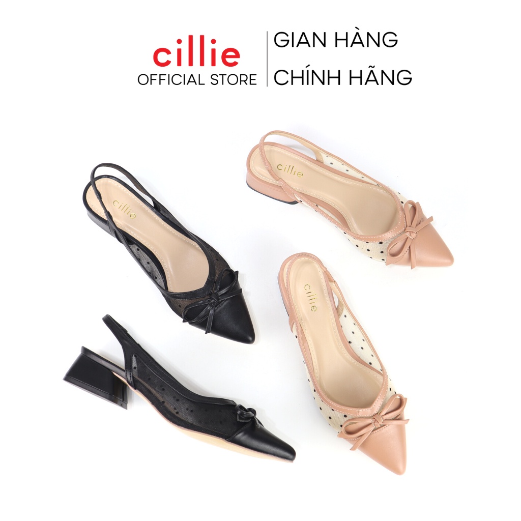 Giày slingback nữ mũi nhọn thanh lịch phối lưới chấm bi thoáng mát đính nơ nhẹ nhàng gót cao 3cm dạo phố Cillie 1044