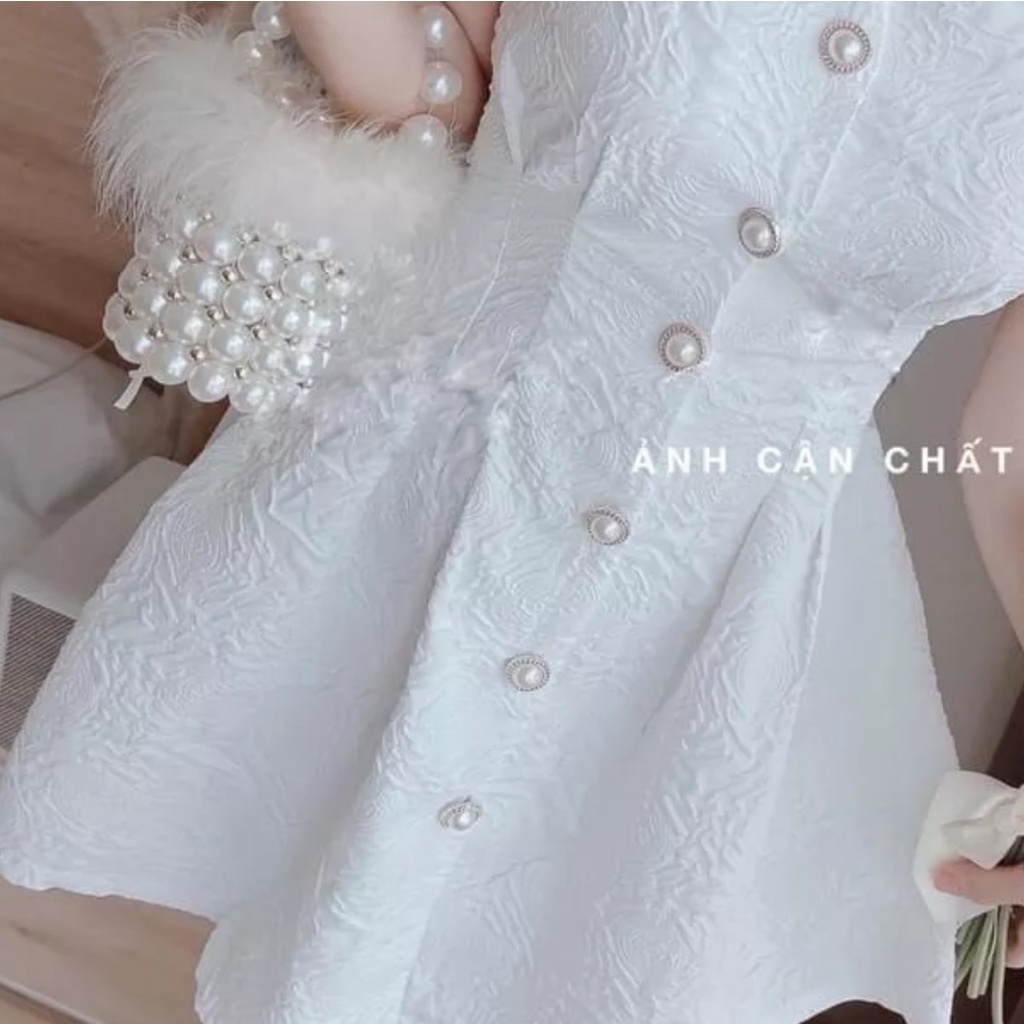 Đầm Váy Gấm Xốp Trắng Nút Ngọc Tay Phồng | Smide Clothing