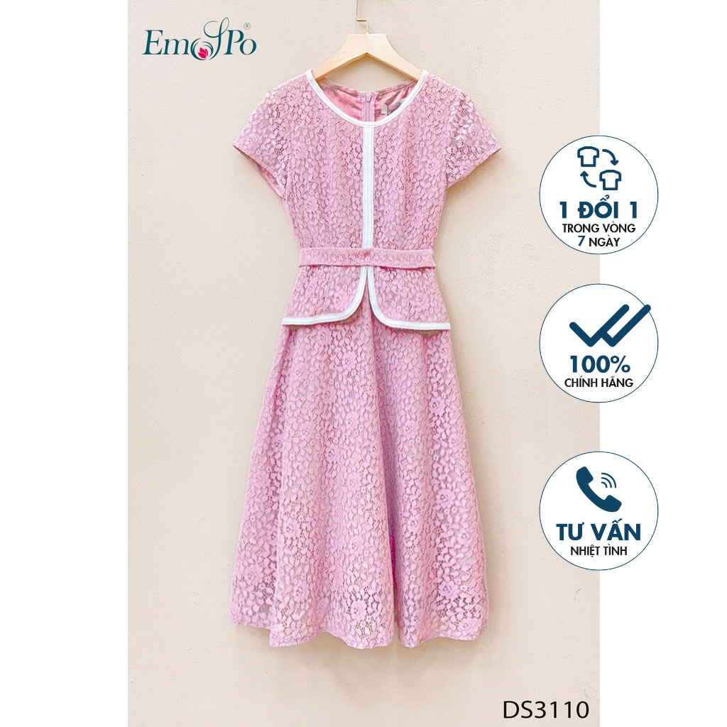 Đầm ren Emspo cổ tròn, đính hoa nổi DS3110