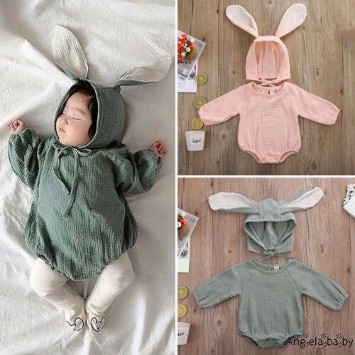 Áo liền quần bằng cotton dài tay và mũ tai thỏ xinh xắn cho bé từ 0-24 tháng tuổi