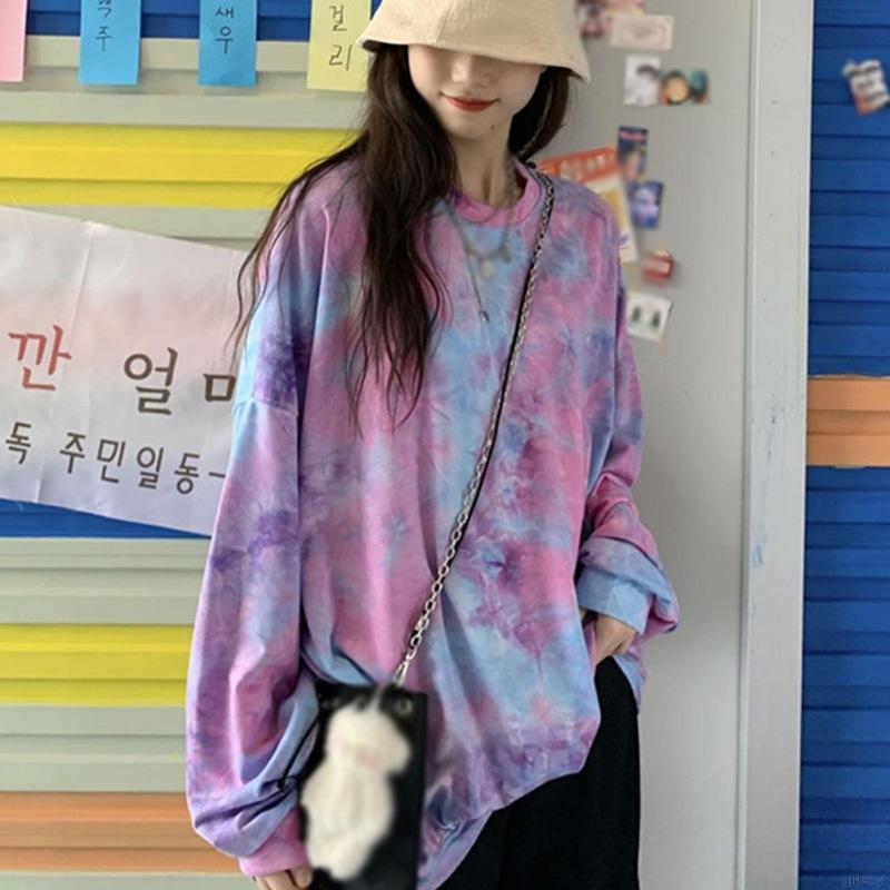 Korean Fashion Tie Dye Round Neck Loose Leisure Long Sleeve T-Shirt