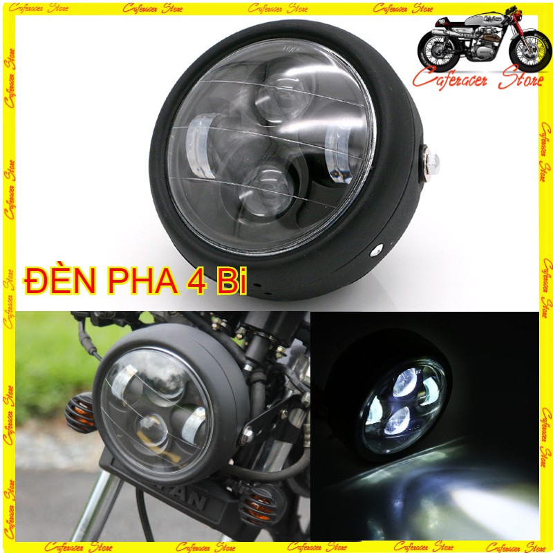 Đèn pha led 4 bi cầu kèm viền led tròn vỏ sắt sơn tĩnh điện phù hợp độ xe cafe racer win GN125
