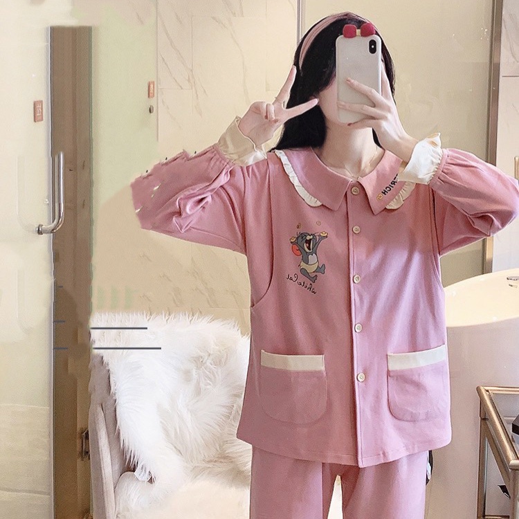 Bộ đồ bầu dài tay chất Cotton với thiết kế cổ bèo  họa tiết hoạt hình xinh xắn dễ thương BD950