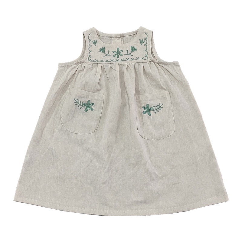 Đầm Sát Nách Màu Xanh Lá Chất Liệu Cotton Thêu Họa Tiết Cho Bé 80-120cm