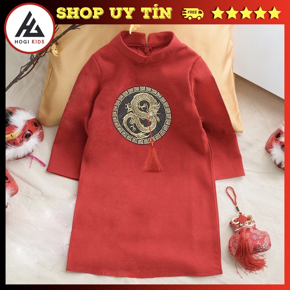 Áo dài bé trai Hogi màu đỏ thêu rồng tròn chất liệu nhung chéo cao cấp, áo dài tết đủ size - Hogi clothing