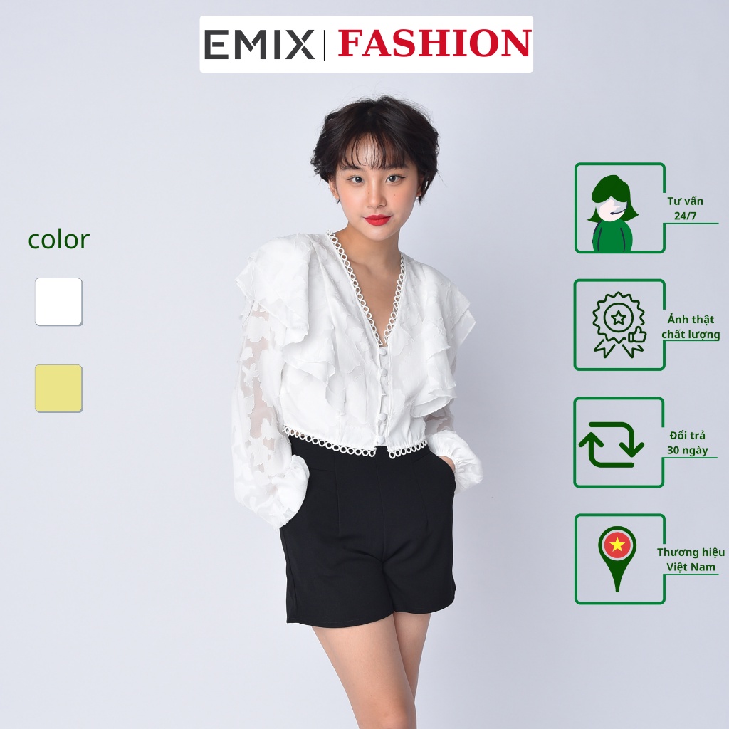 Áo sơ mi croptop voan tơ dài tay EMIX (2 màu), dáng ngắn, cổ V phối ren, dài tay, họa tiết hoa, chất voan Hàn 6808