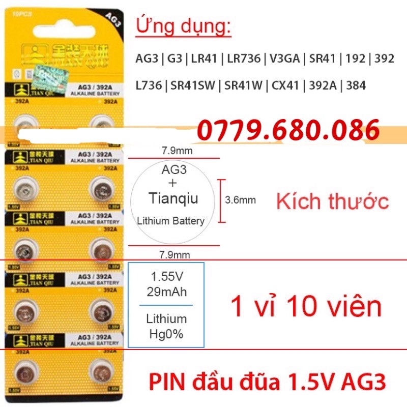 [Nowship] Pin nút áo 1.5v LR41/192, pin cúc áo TIANQIU AG3-LR41-392A chính hãng (1 Viên)