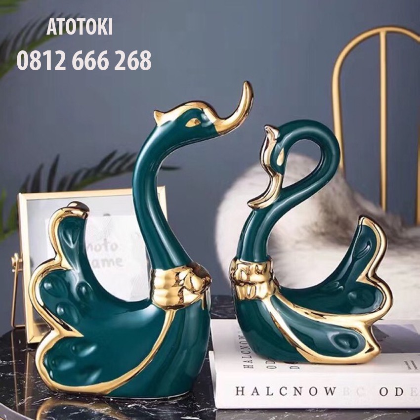 <Bộ sưu tập>Cặp Đôi Thiên Nga Sứ mạ vàng 24k men xanh ngọc lục, Thú Decor