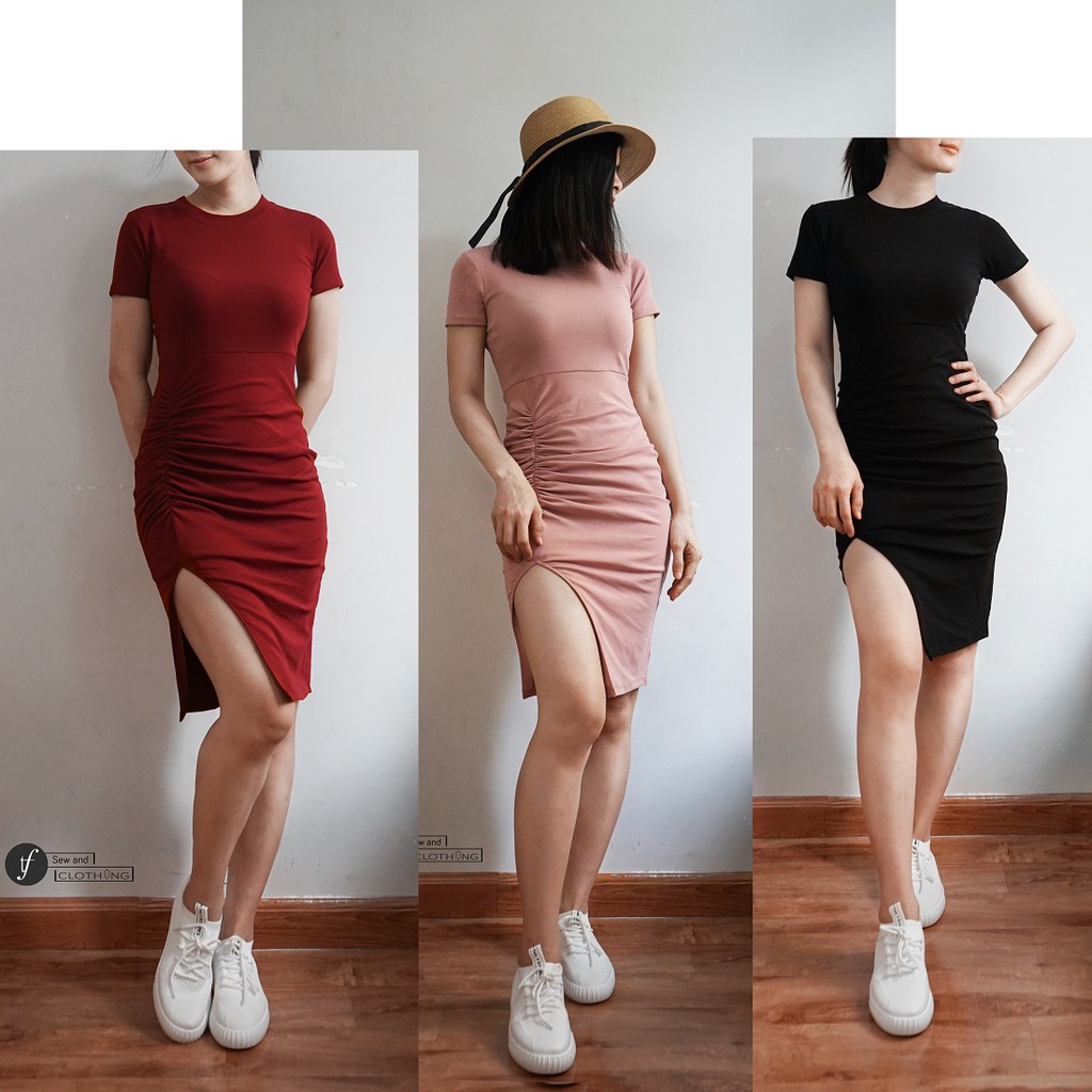 839 - Đầm ôm body cổ tròn tay ngắn nhúng xẻ đùi