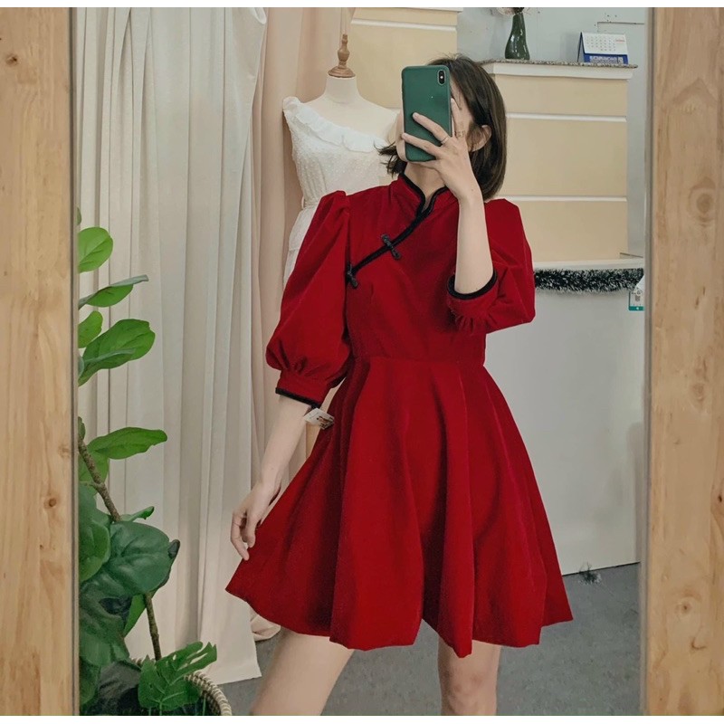 Đầm nhung cổ tàu (kèm ảnh thật và video)