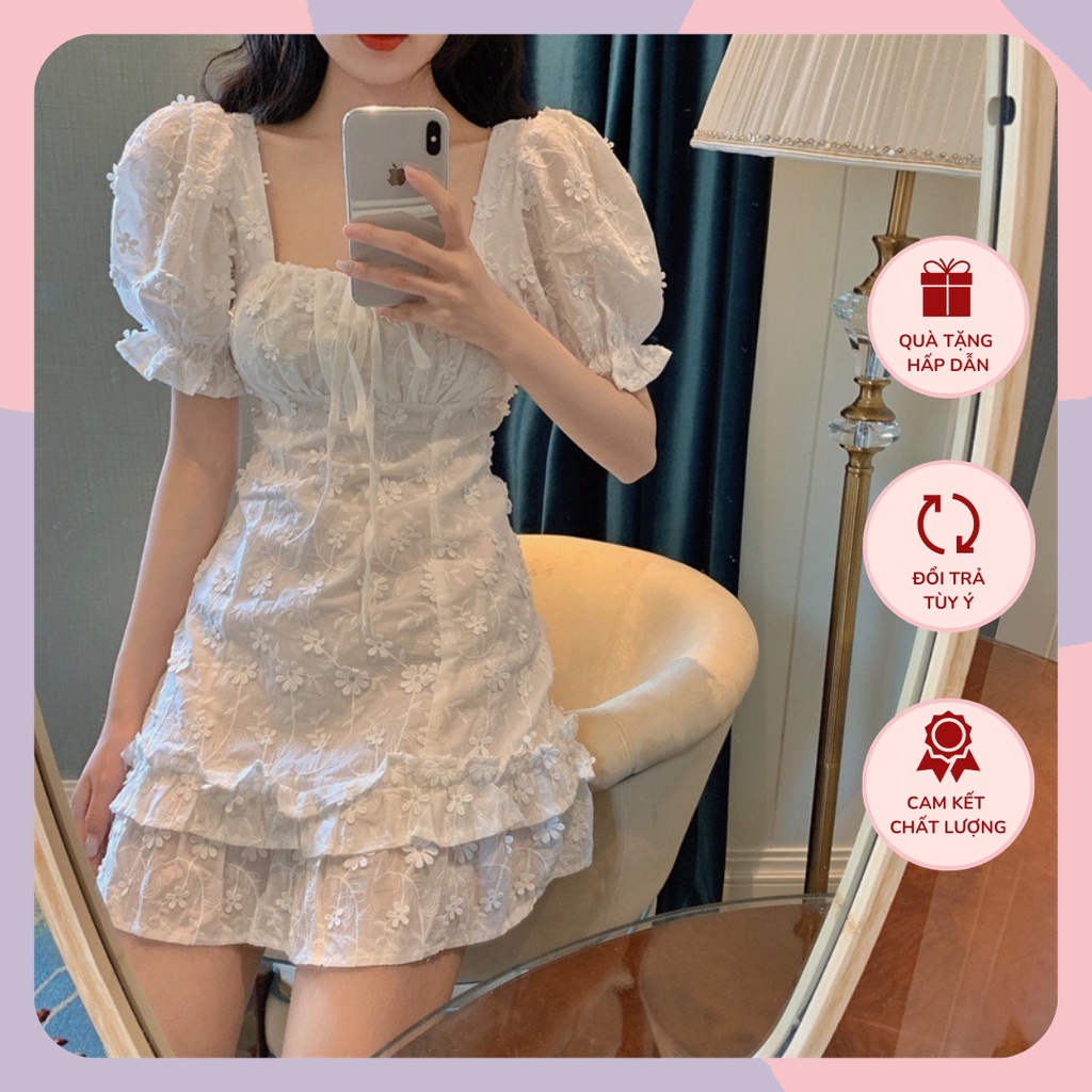 Váy xòe cổ vuông tay bồng hoa nổi buộc dây lưng WANAWEAR đầm trắng nàng thơ