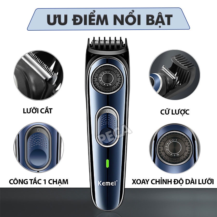 Tông đơ cắt tóc gia đình Kemei KM-1256 cữ lược điều chỉnh 10 mức độ dài cắt sạc USB- Hàng chính hãng