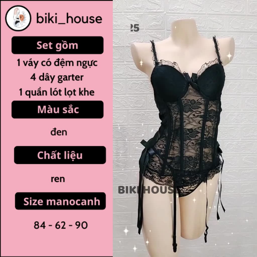 Đồ ngủ sexy ren xuyên thấu có mút ngực cao cấp gợi cảm váy 2 dây kẹp garter nịt tất đen quyến rũ BIKI HOUSE N920 | BigBuy360 - bigbuy360.vn