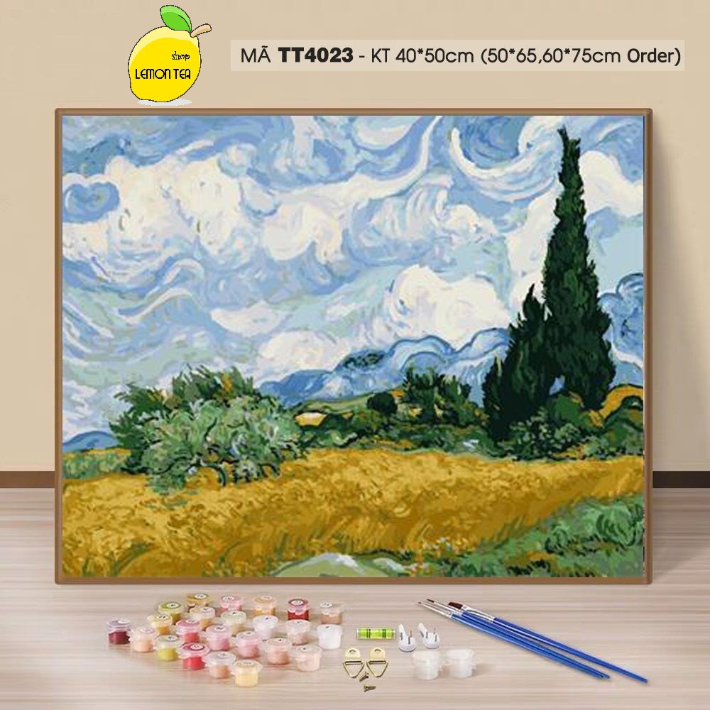 TRANH TÔ MÀU SỐ HÓA PHONG CẢNH VAN GOGH " CÁNH ĐỒNG MÚA MÌ VÀ CÂY BÁCH" - Tranh đẹp, chuẩn chất Lượng