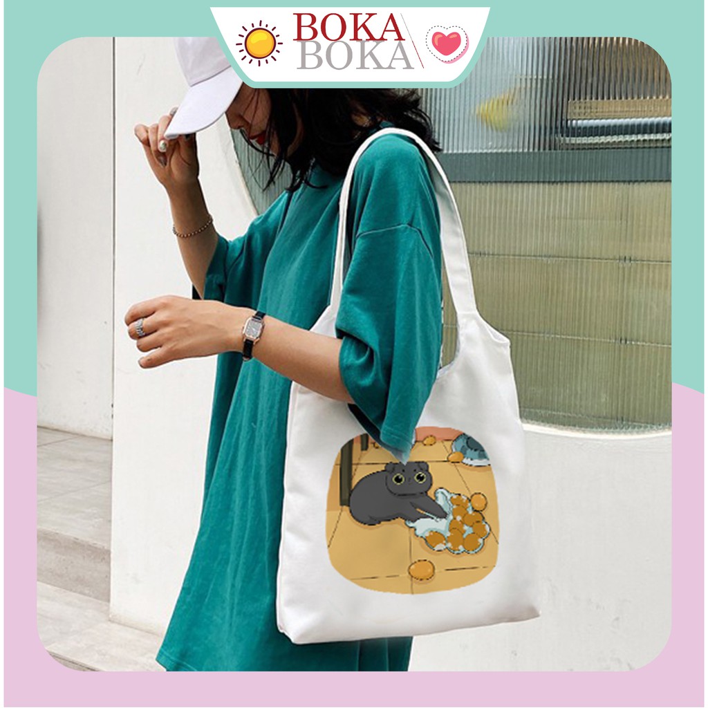 Túi vải tote canvas quai tròn in hình mèo Floofler phong cách Hàn Quốc