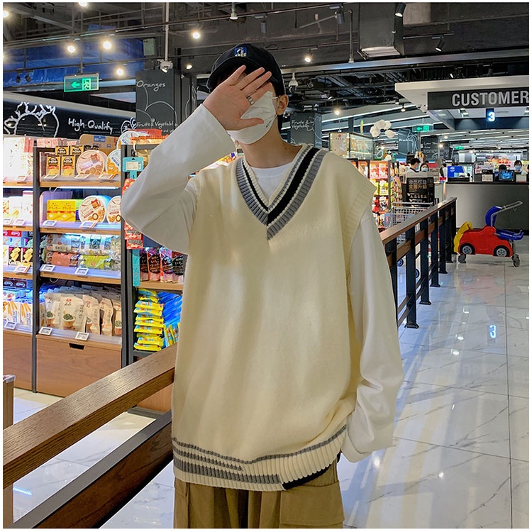 Áo gile len nam oversize unisex 2022, áo len nam nữ gile form rộng cổ V bất đối xứng ulzzang học sinh đi học hàn quốc