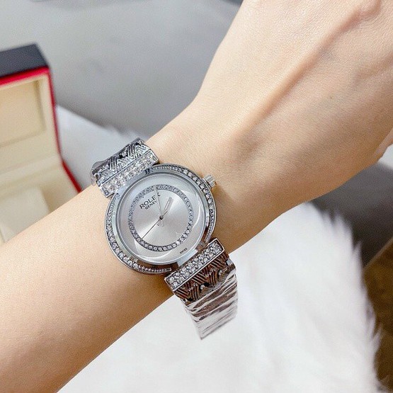 Đồng hồ nữ đẹp Rolex dây thép không gỉ đính đá sang trọng dây kim loại bảo hành 12 tháng