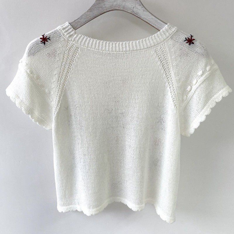 Áo montoghi dệt kim FOREVER21 auth tay ngắn thêu hoa màu trắng kem, vàng