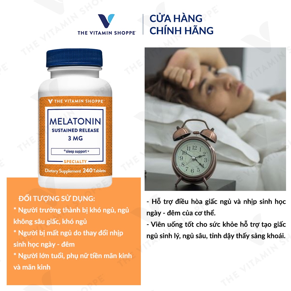 Viên uống hỗ trợ giấc ngủ ngon Melatonin giải phóng kéo dài THE VITAMIN SHOPPE Melatonin Sustained Release 3 MG 120/240