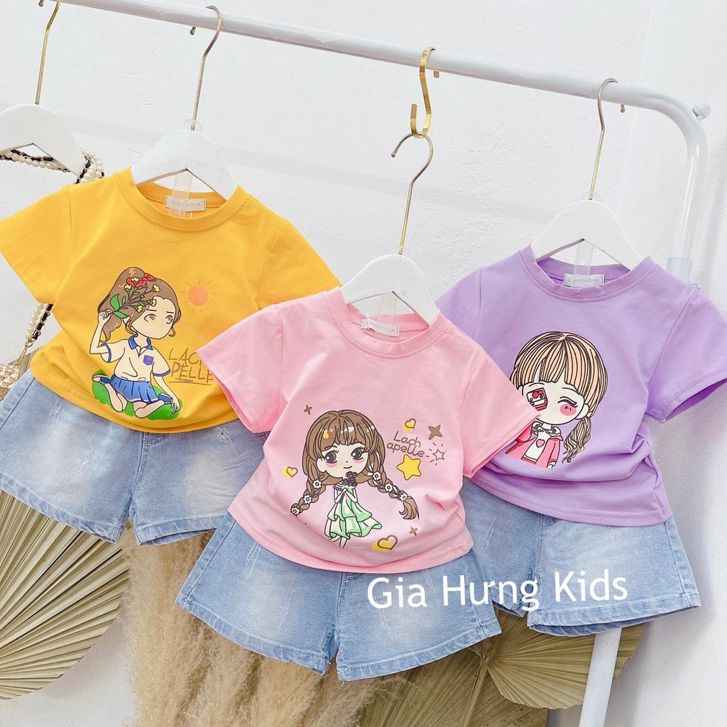 Bộ cộc tay cotton bé gái mềm mát kèm quần jeans mềm