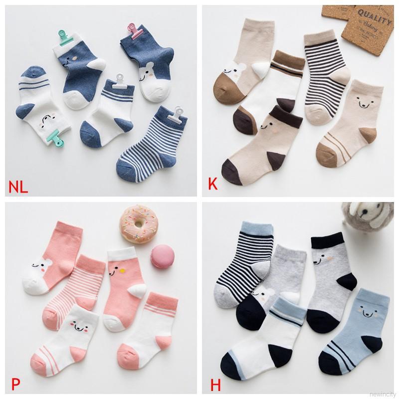 Bộ 5 đôi vớ cotton họa tiết sọc hoạt hình dễ thương giữ ấm cho bé trai và gái