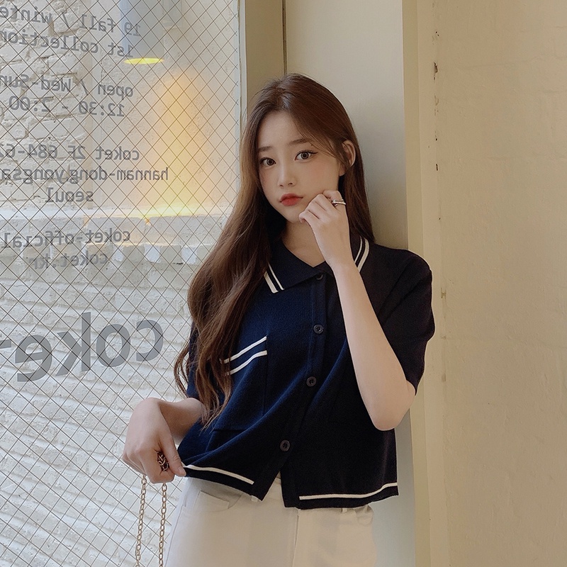 Áo croptop XIAOZHAINV vải dệt kim tay ngắn cổ polo phong cách retro Hàn Quốc thời trang cho nữ có 3 màu sắc lựa chọn