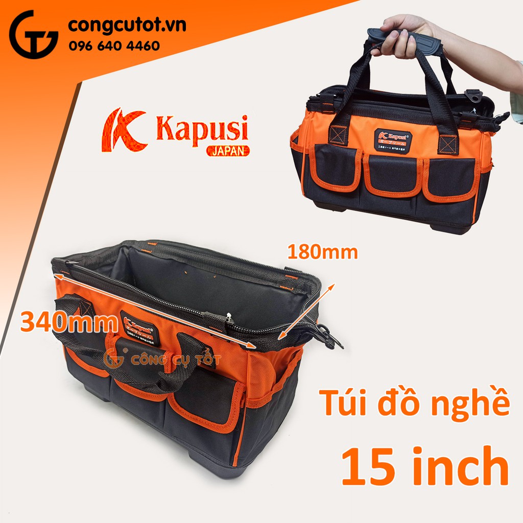 Túi đồ nghề Kapusi 15 inch kèm 8 túi phụ bằng vải dù đáy nhựa cứng Nhật Bản