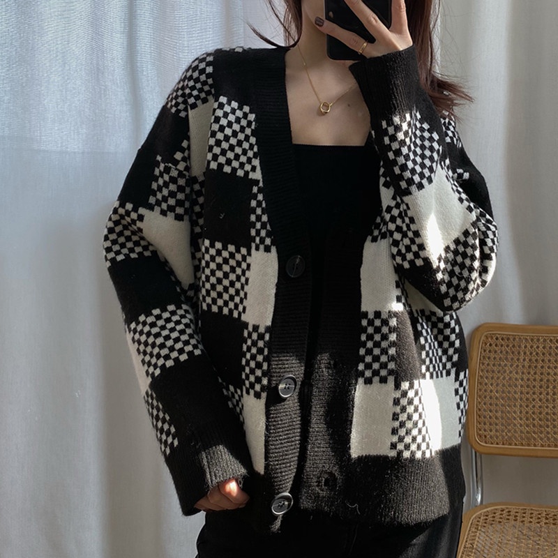 Áo cardigan len nữ Quảng châu họa tiết ô vuông bàn cờ màu đen basic mới nhất thu đông 2022 hot tiktok douyin kozoda AC41