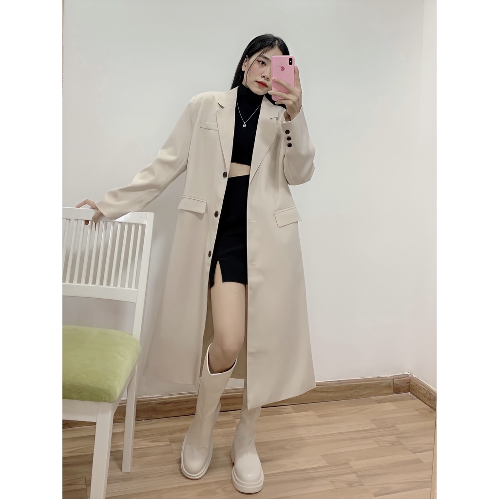 Áo khoác dáng dài áo mangto màu Beige phong cách Hàn Quốc TD Design