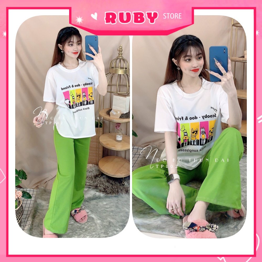 Đồ bộ thun quần dài ống suông cho nữ mặc nhà chất thun mềm mát in hình hoạt hình dễ thương TP102
