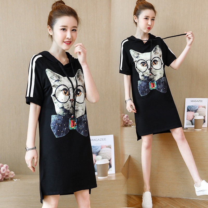 Áo Thun Dáng Rộng Có Mũ Trùm In Họa Tiết Hoạt Hình Thời Trang Mùa Hè