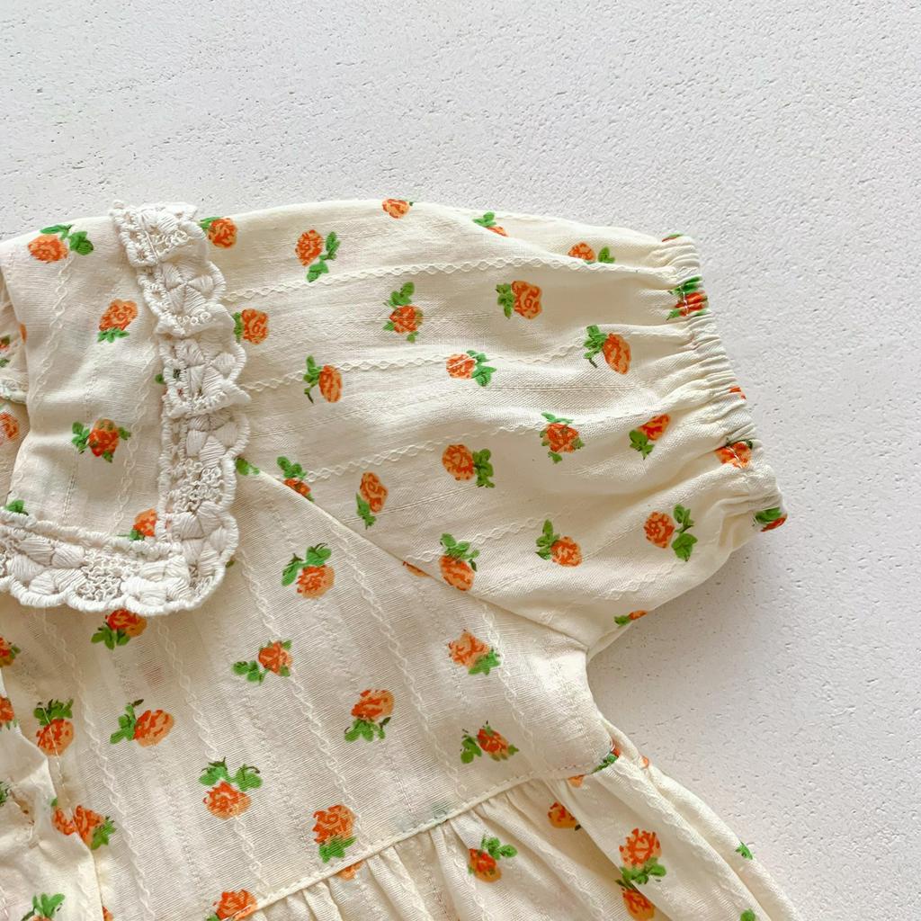 Bộ Áo Liền Quần Tay Ngắn Vải Cotton In Hoa Xinh Xắn Cho Bé Gái Từ 0-2 Tuổi