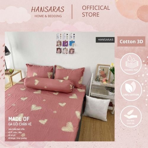 Set ga gối cotton 3D HANSARAS mát mịn bo chun miễn phí